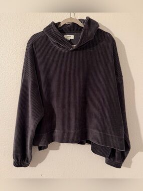 Aerie Gray Ribbed Velour Groove On Cropped Lounge Hoodie Sz M-Casual Slouchy
